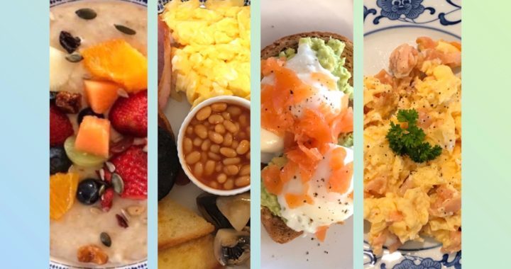 breakfast with fruits and eggs and beans